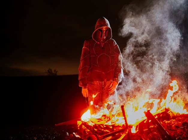 DRACU standing beside a fire at night, smoke rising behind him